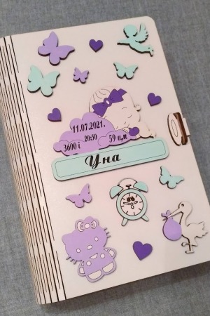 Ljubičasto plava personalizovana kutija bebinih uspomena sa motivima anđela, leptira mace hello kitty, rode i časovnika