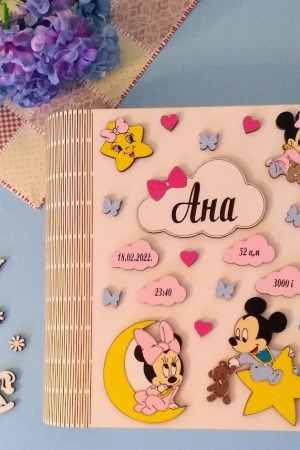 Personalizovana knjiga uspomena bebe dovojčice ukrašena dizni figurama Mini Maus i Miki Maus